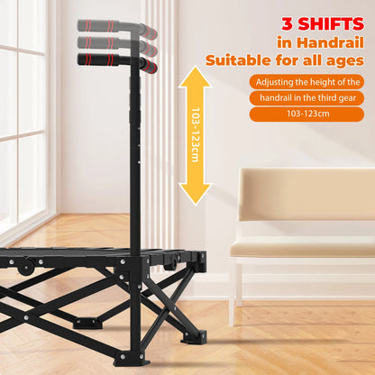 Wytrzymała trampolina fitness do użytku w pomieszczeniach, 106 cm, dla dorosłych i dzieci, udźwig 150 kg, z regulowanym uchwytem i podkładką zabezpieczającą, cicha guma