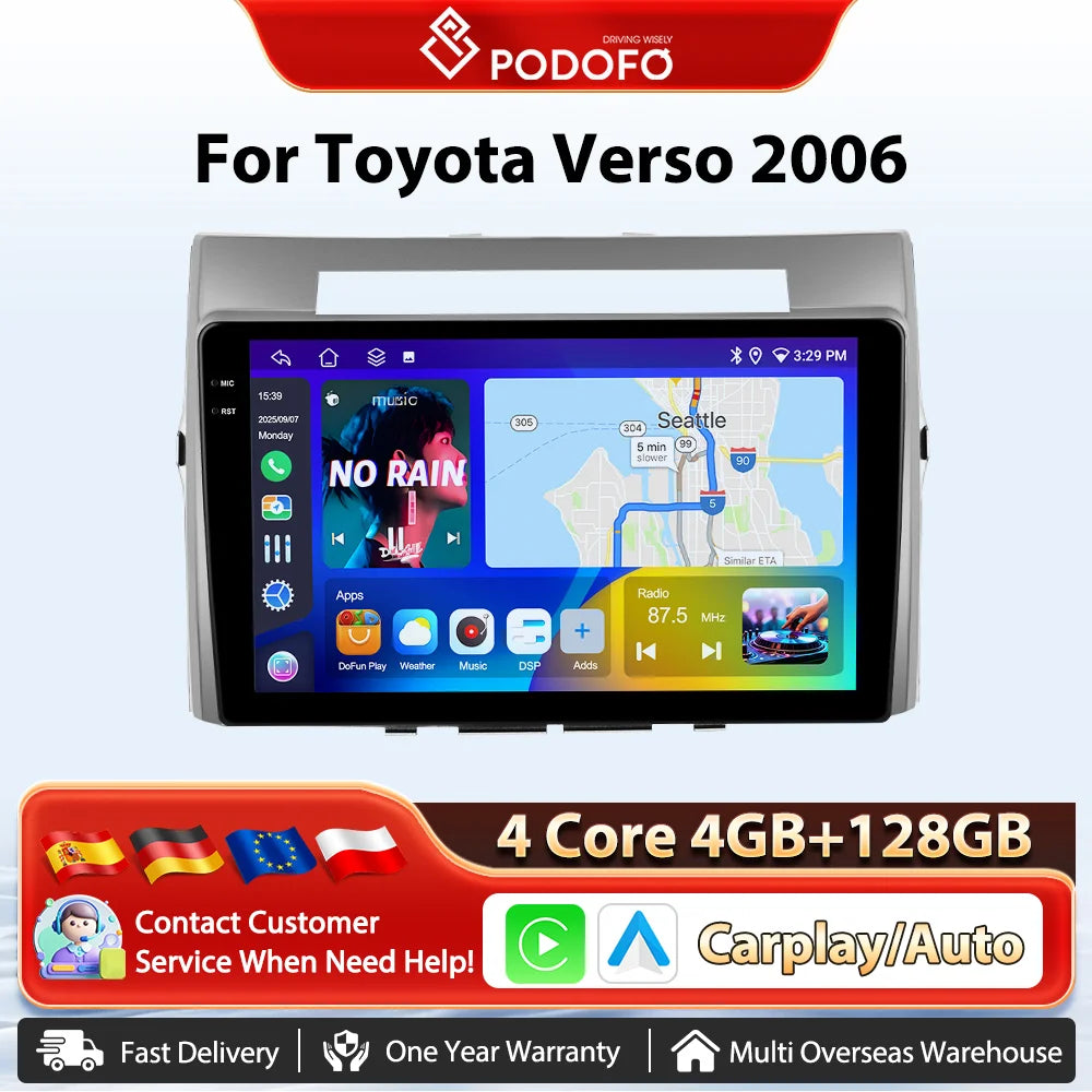 Podofo Bezprzewodowe radio samochodowe CarPlay AI do Toyoty Verso 2006 z Androidem GPS WIFI, odtwarzacz multimedialny DSP FM/RDS, korektor 2din