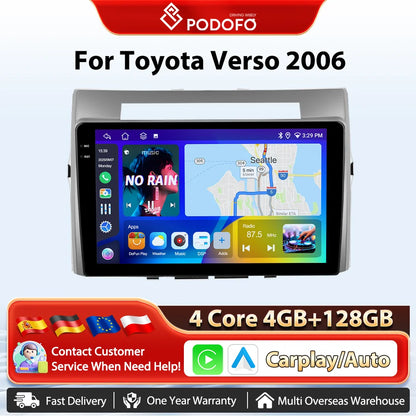 Podofo Bezprzewodowe radio samochodowe CarPlay AI do Toyoty Verso 2006 z Androidem GPS WIFI, odtwarzacz multimedialny DSP FM/RDS, korektor 2din