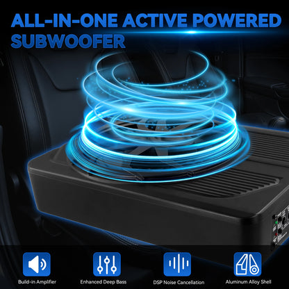 Podofo 10-calowy samochodowy system audio z subwooferem pod siedzeniem, wzmacniany subwoofer, zestaw wzmacniacza do samochodu ciężarowego i subwoofera