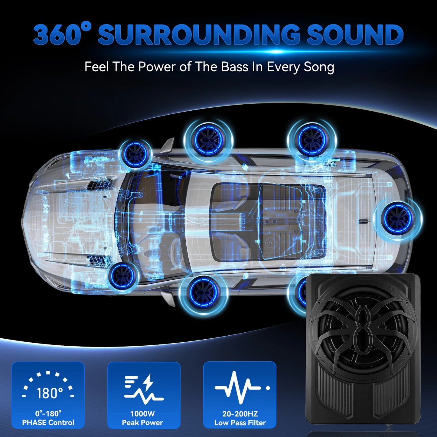 Podofo 10-calowy samochodowy system audio z subwooferem pod siedzeniem, wzmacniany subwoofer, zestaw wzmacniacza do samochodu ciężarowego i subwoofera