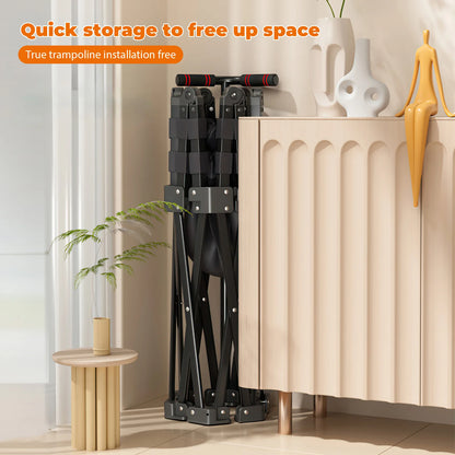 Wytrzymała trampolina fitness do użytku w pomieszczeniach, 106 cm, dla dorosłych i dzieci, udźwig 150 kg, z regulowanym uchwytem i podkładką zabezpieczającą, cicha guma