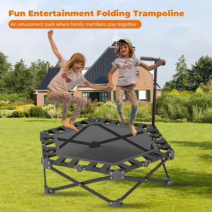 Wytrzymała trampolina fitness do użytku w pomieszczeniach, 106 cm, dla dorosłych i dzieci, udźwig 150 kg, z regulowanym uchwytem i podkładką zabezpieczającą, cicha guma