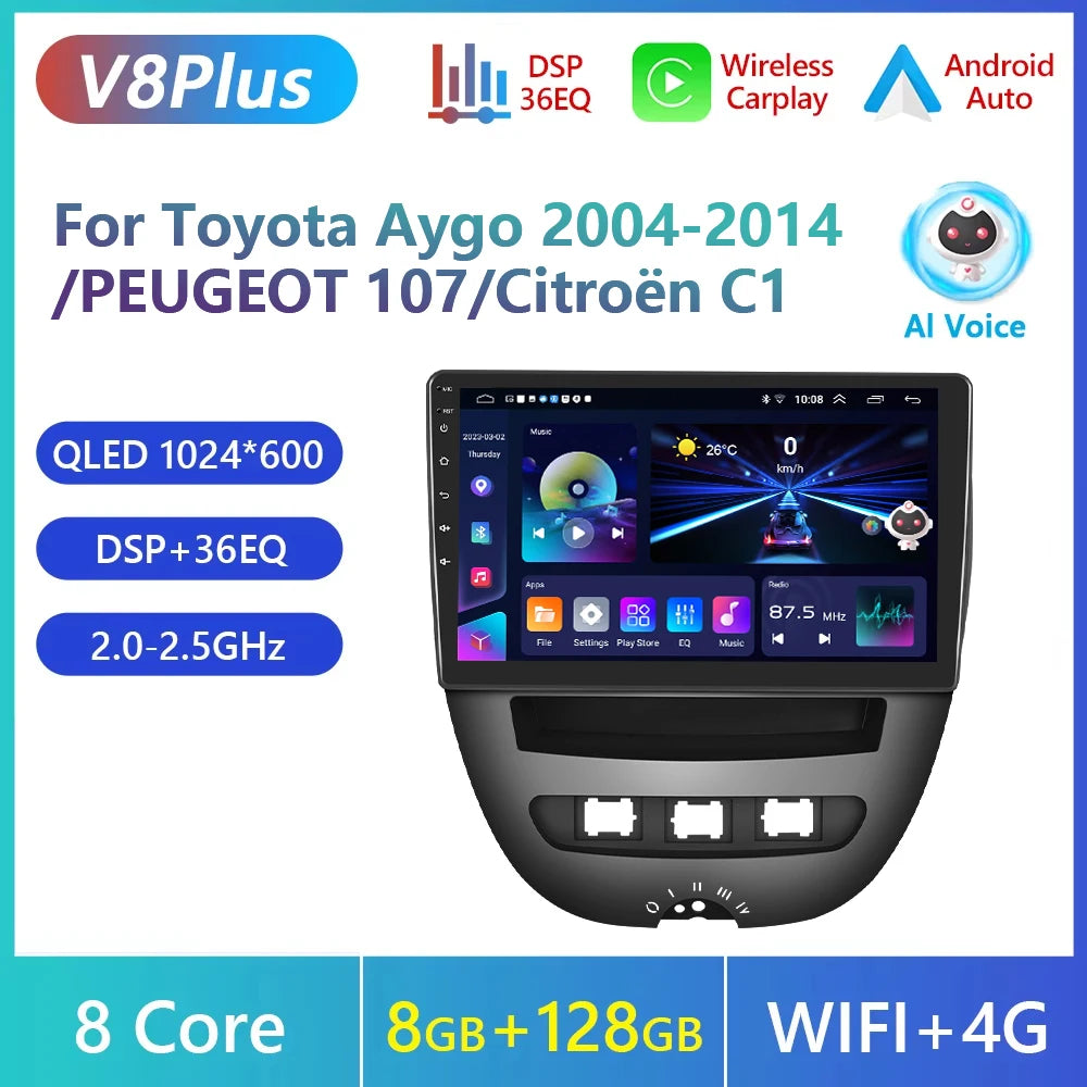 Podofo do Peugeota 107, Toyoty Aygo, Citroena C1 2005-2014, radia samochodowego, bezprzewodowego CarPlay, Androida Auto, 2+64 GB, GPS, jednostka główna, bez DVD