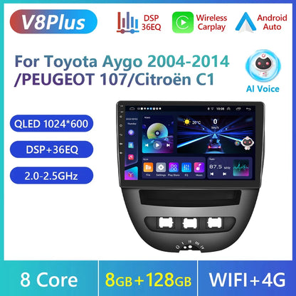 Podofo do Peugeota 107, Toyoty Aygo, Citroena C1 2005-2014, radia samochodowego, bezprzewodowego CarPlay, Androida Auto, 2+64 GB, GPS, jednostka główna, bez DVD