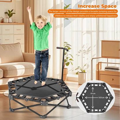 Wytrzymała trampolina fitness do użytku w pomieszczeniach, 106 cm, dla dorosłych i dzieci, udźwig 150 kg, z regulowanym uchwytem i podkładką zabezpieczającą, cicha guma