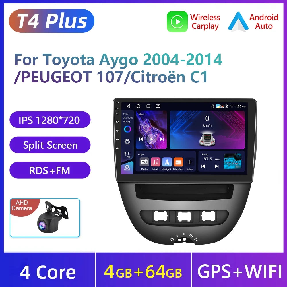 Podofo do Peugeota 107, Toyoty Aygo, Citroena C1 2005-2014, radia samochodowego, bezprzewodowego CarPlay, Androida Auto, 2+64 GB, GPS, jednostka główna, bez DVD