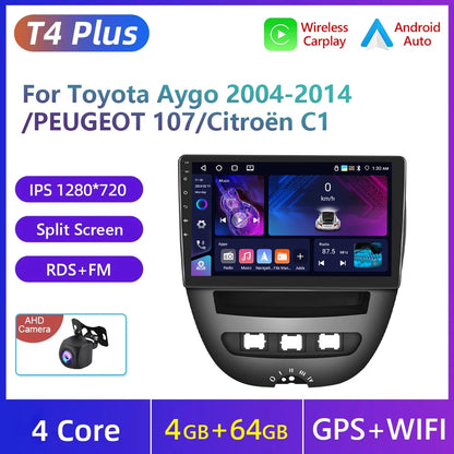 Podofo do Peugeota 107, Toyoty Aygo, Citroena C1 2005-2014, radia samochodowego, bezprzewodowego CarPlay, Androida Auto, 2+64 GB, GPS, jednostka główna, bez DVD