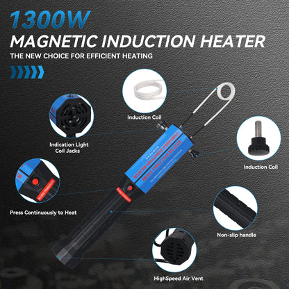 Podofo Magnetyczny podgrzewacz indukcyjny do śrub i nakrętek, narzędzie do demontażu zardzewiałych śrub, 1300 W, bezpłomieniowe narzędzie indukcyjne