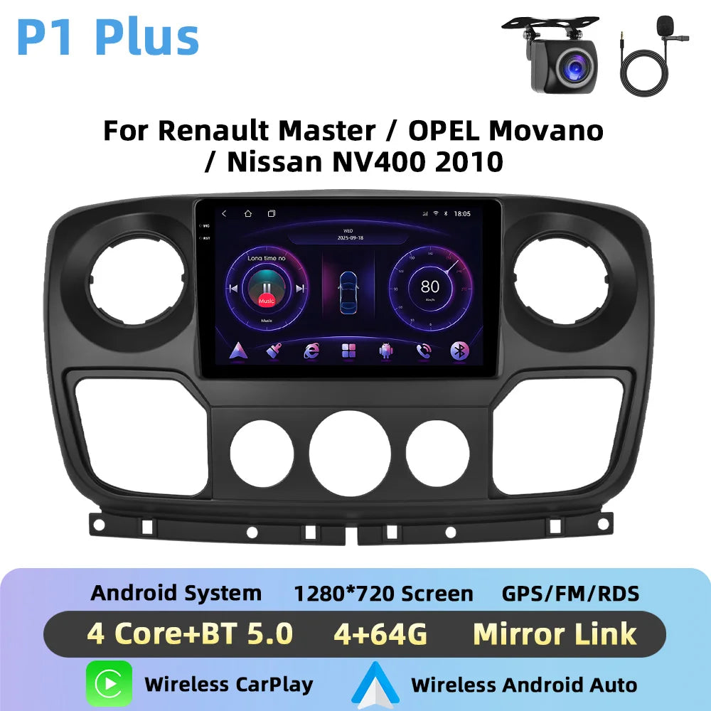 Podofo Bezprzewodowe radio samochodowe CarPlay z AI do Renault Master/OPEL Movano/Nissan NV400 2010 Android GPS WIFI Samochodowy odtwarzacz multimedialny