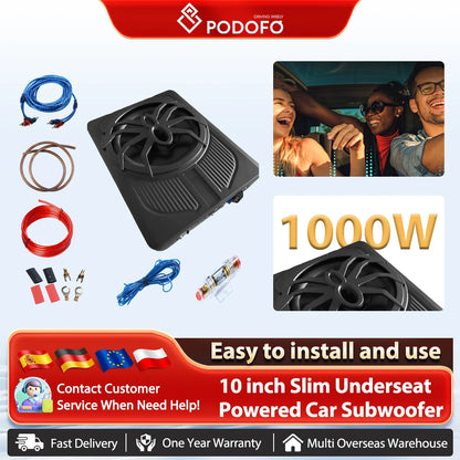 Podofo 10-calowy samochodowy system audio z subwooferem pod siedzeniem, wzmacniany subwoofer, zestaw wzmacniacza do samochodu ciężarowego i subwoofera