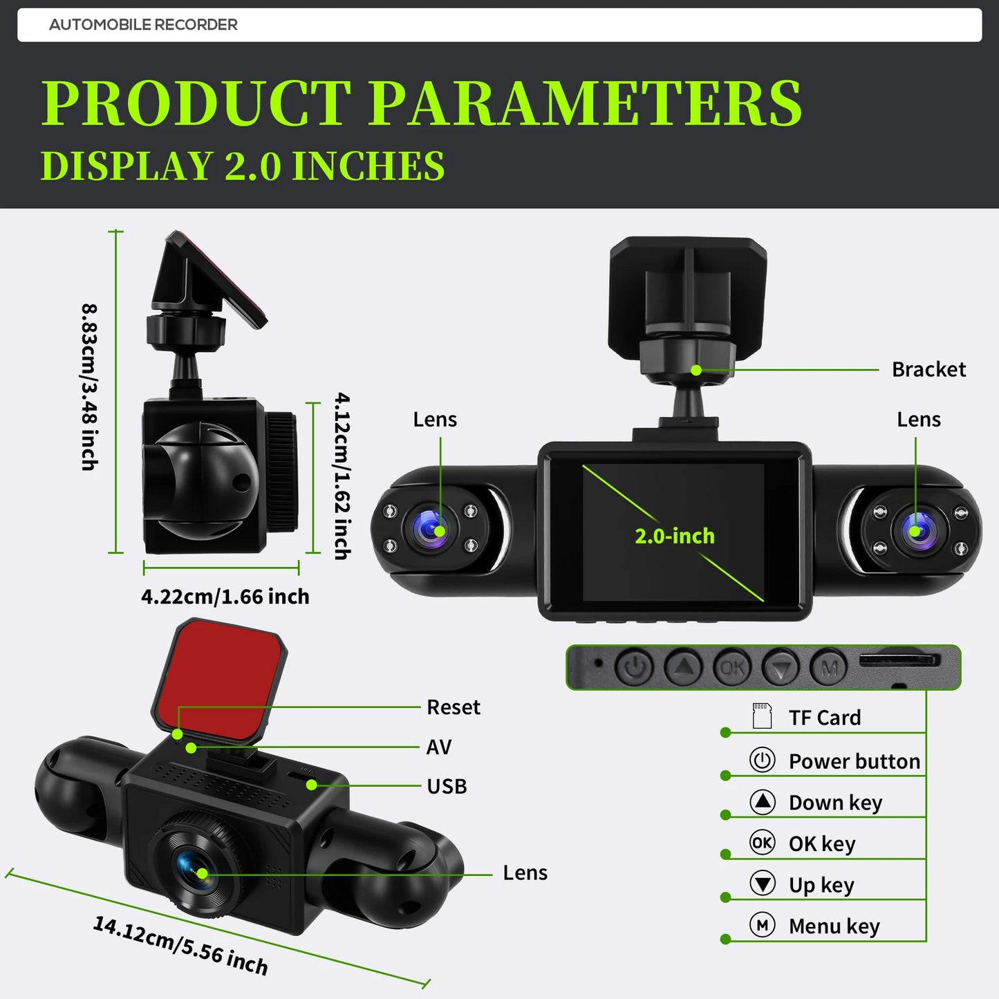 Podofo 2-calowy samochodowy rejestrator wideo 1080P Lewa prawa kamera cofania 360° 4-obiektywowa kamera samochodowa DVR nagrywanie w pętli monitor parkowania