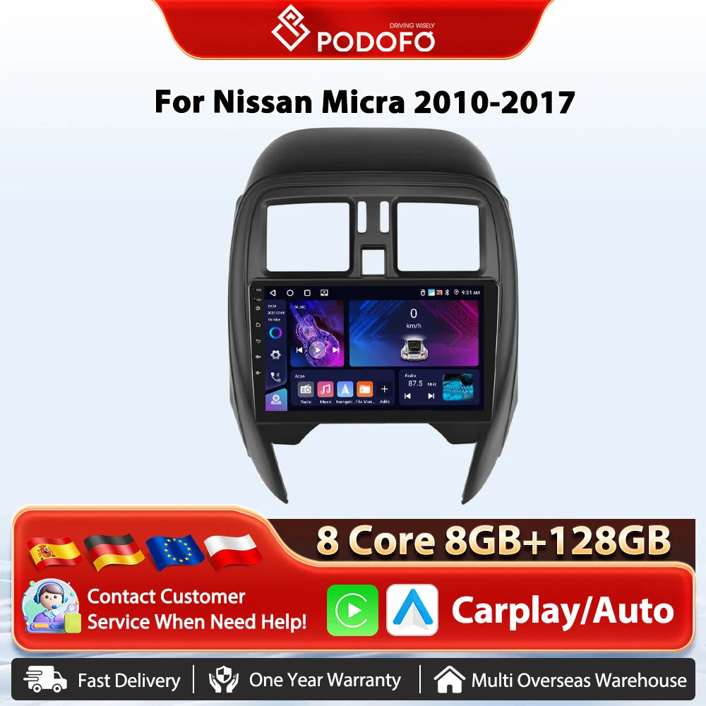 Podofo Android Auto Wireless CarPlay Radio samochodowe do NISSANA Micra K13 marzec 2013-2017 Nawigacja GPS 4G WIFI Samochodowy odtwarzacz multimedialny