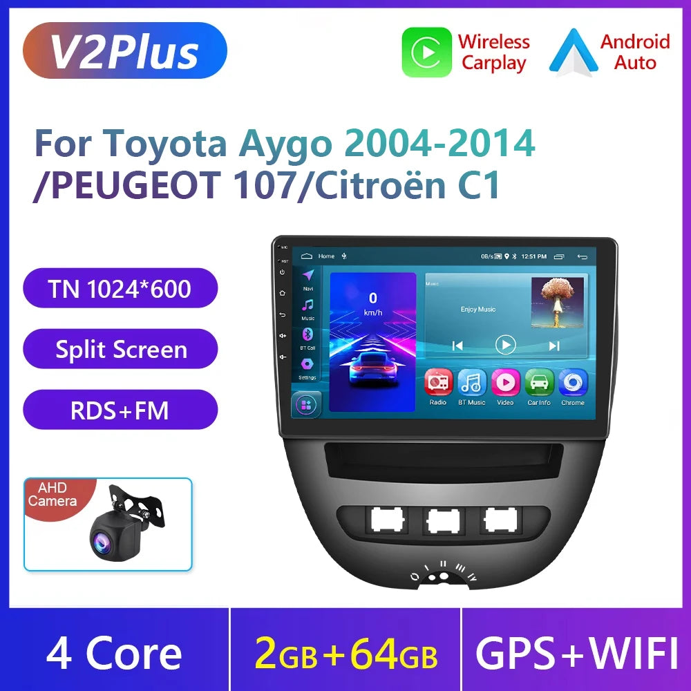 Podofo do Peugeota 107, Toyoty Aygo, Citroena C1 2005-2014, radia samochodowego, bezprzewodowego CarPlay, Androida Auto, 2+64 GB, GPS, jednostka główna, bez DVD