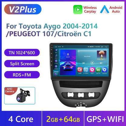 Podofo do Peugeota 107, Toyoty Aygo, Citroena C1 2005-2014, radia samochodowego, bezprzewodowego CarPlay, Androida Auto, 2+64 GB, GPS, jednostka główna, bez DVD