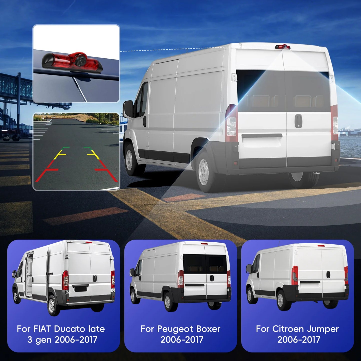 Podofo 140° Kamera cofania z trzecim światłem stopu i noktowizorem do samochodów Fiat Ducato Peugeot Boxer Citroen Jumper