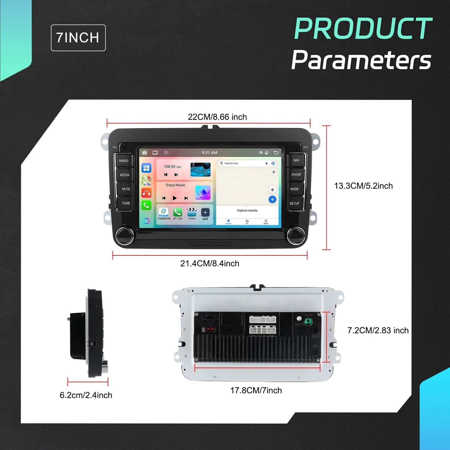 Podofo 7" Android 4G+64G do samochodowego radia samochodowego Apple Carplay GPS NAVI WIFI RDS FM BT do VW Golf 5 6 Passat Polo Touran Tiguan GPS