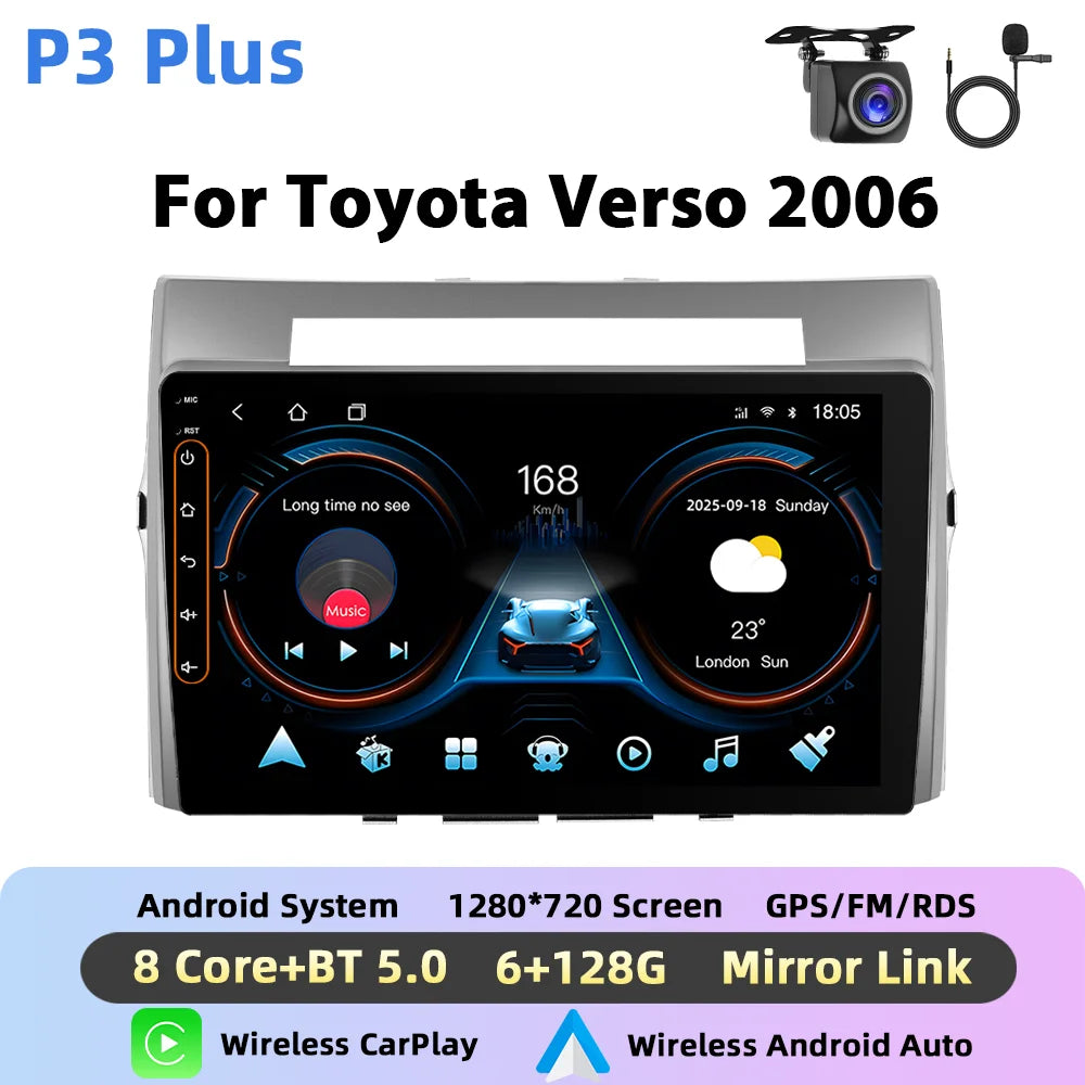 Podofo Bezprzewodowe radio samochodowe CarPlay AI do Toyoty Verso 2006 z Androidem GPS WIFI, odtwarzacz multimedialny DSP FM/RDS, korektor 2din